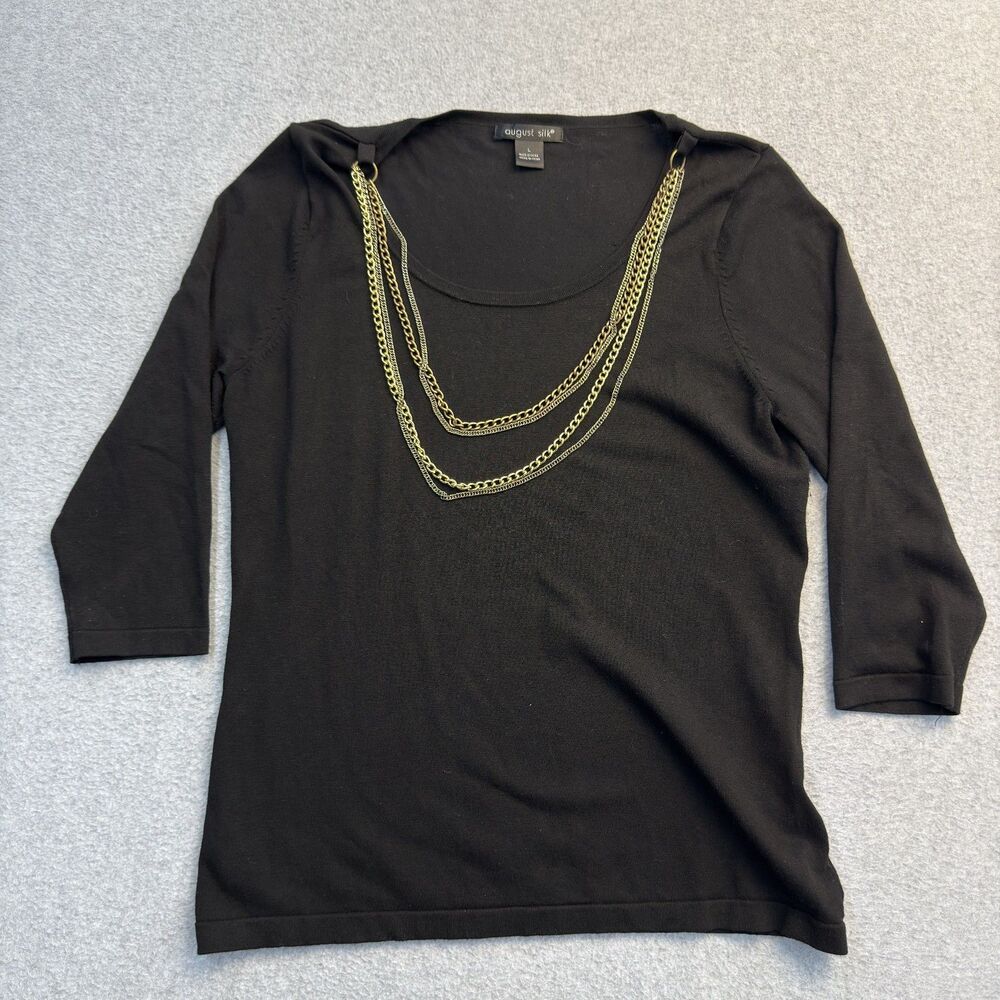 August Silk Shirt Womens Large Black 3/4 Sleeve Chain Preppy Mature